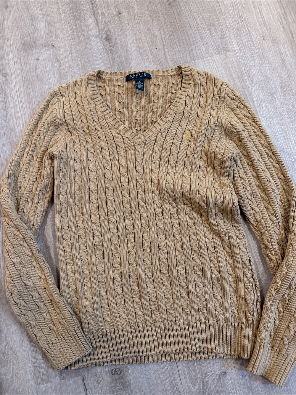 Ralph Lauren Men's V-Neck Cable Knit Sweater - Beige/Tan